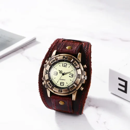 Vista 5 de JewelryWe Wide Leather Cuff Watch Vintage Retro Quartz Punk Wristwatches for Men Women Halloween Costumes for Christmas