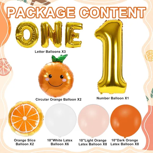 Vista 2 de Whaline 30 piezas de suministros de decoración de primer cumpleaños naranja Little Cutie número uno, globo de letra UNO, globos naranjas, globos