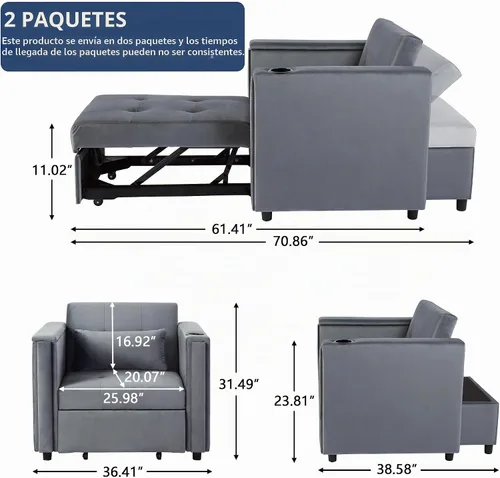 Vista 2 de weselon Silla Cama Convertible de Terciopelo, Silla de Descanso Multifuncional 3 en 1, Sofá Cama Extraíble para Huéspedes con Mesa Oculta y Respaldo