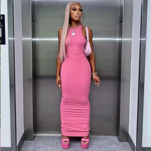Vista 2 de ccisppal Women's Summer Bodycon Dress Sexy Sleeveless Round Neck Dress Cross Side Slit Streetwear Casual Festival Maxi Dress