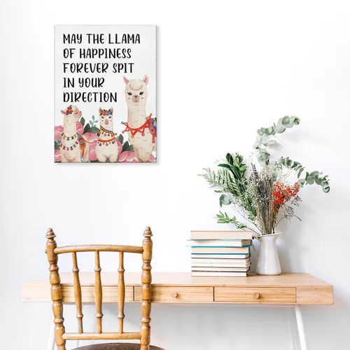 Vista 7 de Arte inspirador motivacional para pared, póster con texto en inglés "May the Llama of Happines", pintura enmarcada para decoración del hogar, 12 x