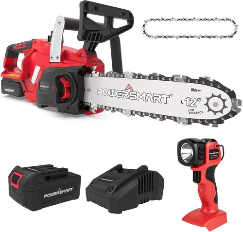 Vista 7 de PowerSmart Motosierra alimentada por batería de 20 V y 12 pulgadas, luz de trabajo LED, eléctrica inalámbrica ligera, incluye batería de 4.0 Ah
