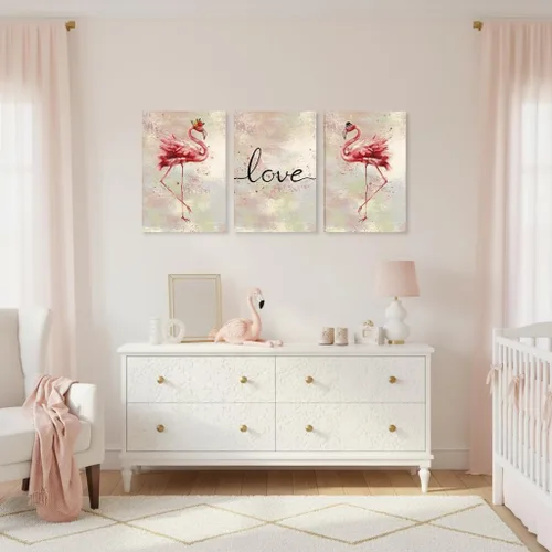 Vista 4 de Conipit Lienzo decorativo de flamenco para sala de estar, impresiones de imagen rosa, arte de amor, pintura romántica de flamenco, decoración