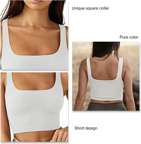 Vista 4 de TOPINCN Camiseta corta básica de punto para mujer, con cuello cuadrado, elástica, ajustada