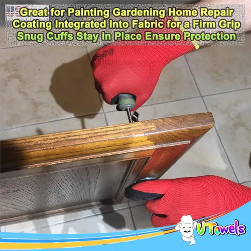 Vista 4 de Guantes de seguridad recubiertos para el trabajo, paquete de 8 pares, agarre firme, uso general y jardinería, para hombres y mujeres (talla S, rojo)