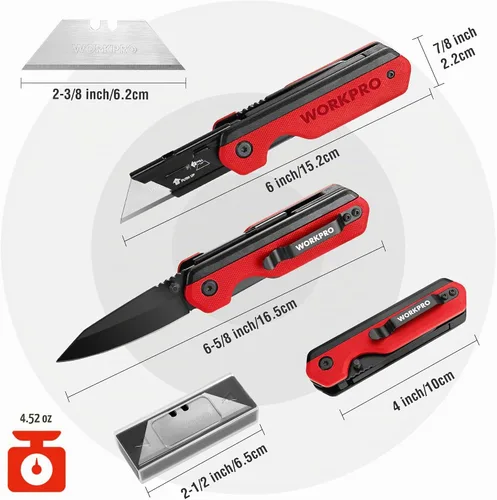 Vista 2 de WORKPRO Cuchillo plegable 2 en 1, cortador de caja de cambio rápido con clip para cinturón, bloqueo de revestimiento y mango G10, 10 cuchillas SK5