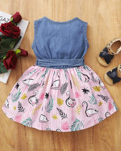 Vista 4 de Vestido de niña pequeña ropa de verano para niña vestido sin mangas vestido de mezclilla con flores lindos vestidos para niña
