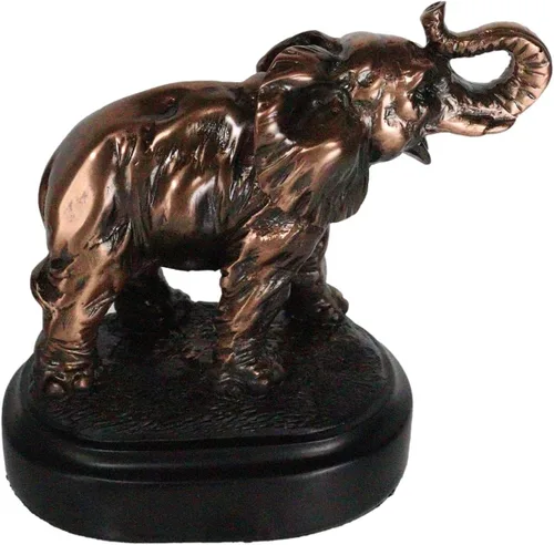 Vista 4 de Ebros - Figura de elefante africano de ternero con tronco elevado en acabado de resina galvanizada de bronce con base de trofeo de 4 pulgadas