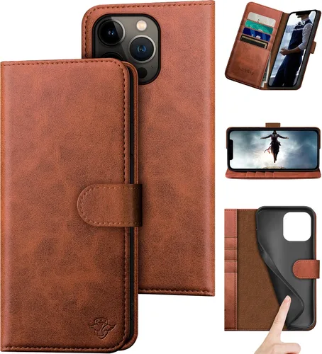 Vista 8 de DuckSky Funda tipo cartera de piel auténtica para iPhone 14 Pro Max de 6.7 pulgadas. Bloqueo RFID. 4 tarjeteros de crédito. 【Cuero auténtico】 Funda