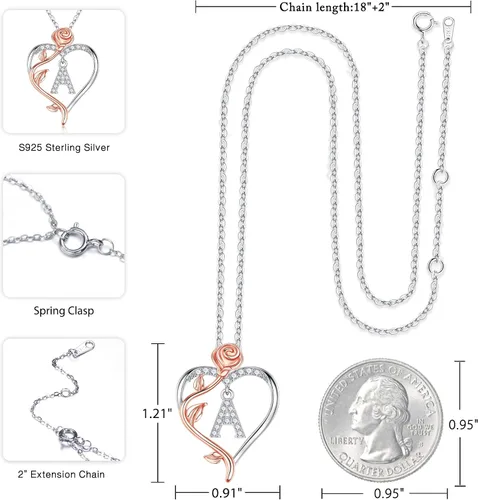 Vista 5 de Iefil Collares de corazón de rosa, regalos para mujer, plata de ley 925, collar con dije de letra de corazón rosa, joyería, día de la madre, San