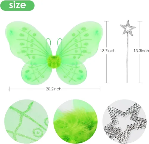 Vista 2 de Conjunto de diadema de alas de hada verde para niñas, varita de estrella y flores, accesorios de disfraz de princesa, disfraz de Halloween