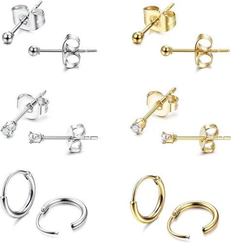 Vista 2 de Jstyle Pendientes de acero inoxidable de 0079in para mujer aros infinitos CZ bolas de cartílago juego de pendientes de plata y oro