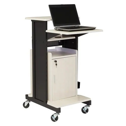 Vista 5 de Oklahoma Sound Carrito de presentación AV con ruedas de acero Premium Plus con gabinete de almacenamiento, ojales de gestión de cables y regleta