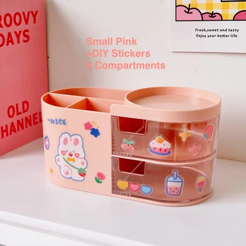 Vista 2 de Organizador de escritorio Kawaii con cajones para adolescentes y niñas, lindo organizador de escritorio Kawaii con calcomanías, suministros Rosa