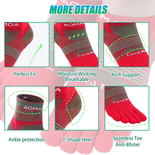 Vista 5 de aomagic Calcetines de cinco dedos para hombres y mujeres, para correr, Coolmax, transpirables, ligeros, 3 pares