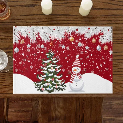 Vista 3 de Juego de 6 manteles individuales de Navidad, árbol de Navidad, muñeco de nieve, copos de nieve, agujas de pino, manteles individuales rojos