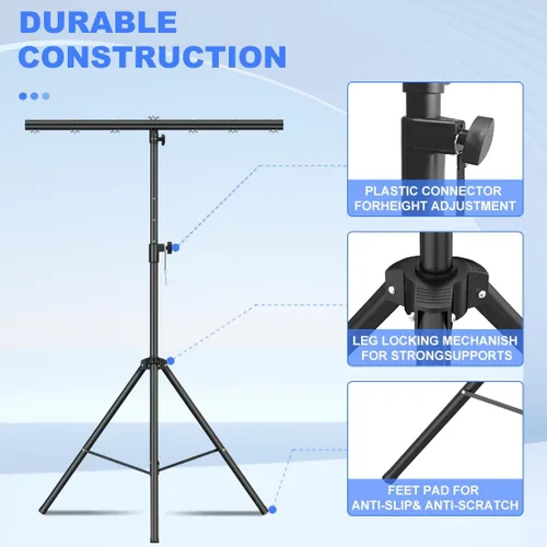 Vista 2 de Soporte de luces de DJ con barra redonda en T, trípode resistente Par Can para 7 luces, soporte de luz de escenario, altura ajustable de 41 a 95