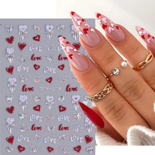 Vista 6 de 8 hojas de calcomanías de arte de uñas para el día de San Valentín, autoadhesivas, 3D, color plateado, rosa, rojo, labios, letras de corazón, diseño