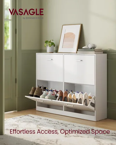 Vista 3 de VASAGLE Gabinete de zapatos con 4 puertas abatibles, armario de almacenamiento para 16-28 pares de zapatos, divisores ajustables, para entrada, 9.4