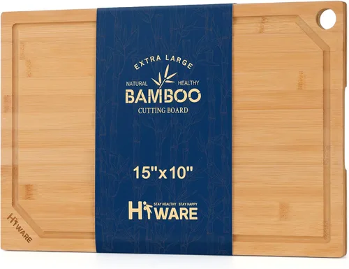 Vista 10 de HIWARE Juego de 4 Piezas de Tablas de Cortar Extra Grandes de Madera - Tablas de Cortar de Bambú para Preparación de Comidas y Servicio