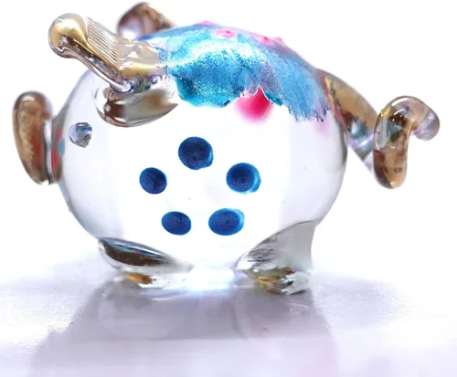 Vista 4 de Figuras pequeñas de cerdo en miniatura de animales soplados a mano, arte de vidrio coleccionable, decoración de regalo, V1 (flor azul)
