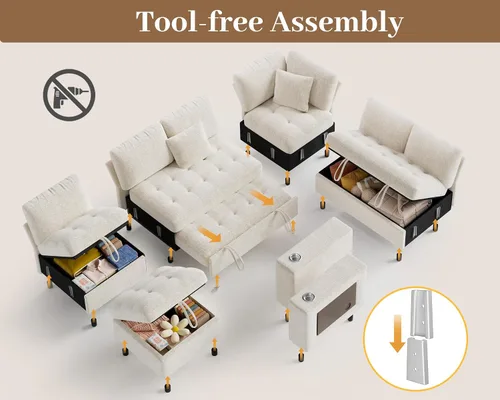 Vista 8 de Vipbear Sofá cama modular de 111 pulgadas, sofá cama modular de 7 asientos con cama extraíble, sofá en forma de L de felpilla con otomana de Beige