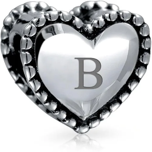 Vista 3 de Abalorio personalizado con monograma del alfabeto A-Z, inicial milgrain borde en forma de corazón, espiral, para mujeres, adolescentes, plata de ley