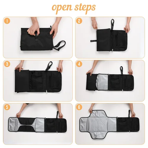 Vista 6 de Cambiador de pañales portátil para bebé, bolsa de viaje organizada inteligente con dispensador de toallitas y dispensador de bolsas de residuos.