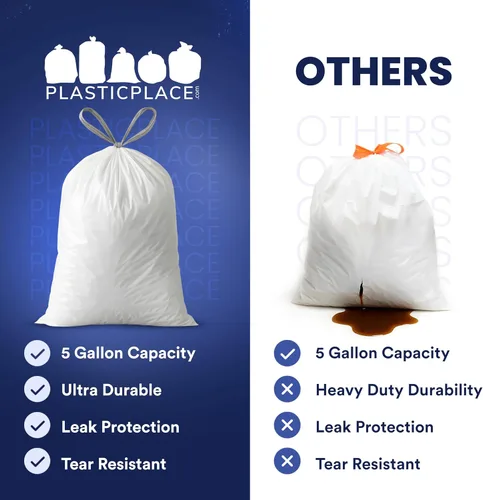 Vista 13 de Plasticplace Bolsas de basura de 5 galones – Forro blanco para bolsas de basura con cordón, 19 x 25 pulgadas (100 unidades) – Duraderas, a prueba