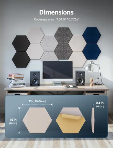 Vista 9 de Paneles de pared acústicos hexagonales autoadhesivos, paquete de 12 azulejos absorbentes de sonido para paredes y puertas, panel interior decorativo