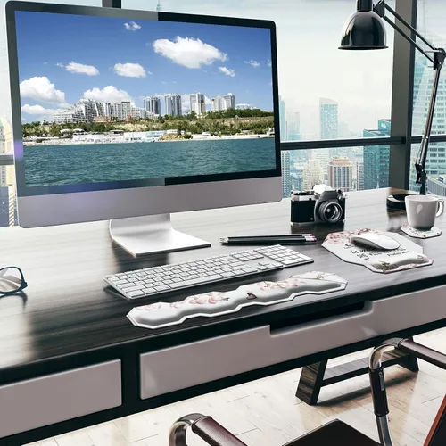 Vista 6 de Juego de reposamuñecas para teclado y mouse ergonómico para juegos (con bonitos posavasos) con espuma viscoelástica y base antideslizante, fácil