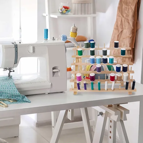 Vista 6 de US Art Supply - Soporte de hilo prémium de 60 carretes: organizador de almacenamiento de hilo de coser y bordar de madera
