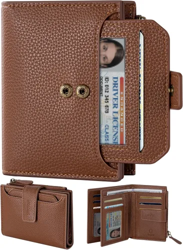 Vista 7 de GSOIAX Billetera pequeña de piel auténtica para mujer, con bloqueo RFID, plegable, delgada, con bolsillo para monedas con cremallera y ventana