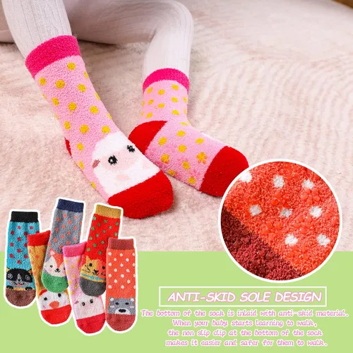 Vista 2 de 6 pares de calcetines antideslizantes para bebés y niñas, calcetines cálidos con agarres para niños pequeños, de lana gruesa y suave, para invierno