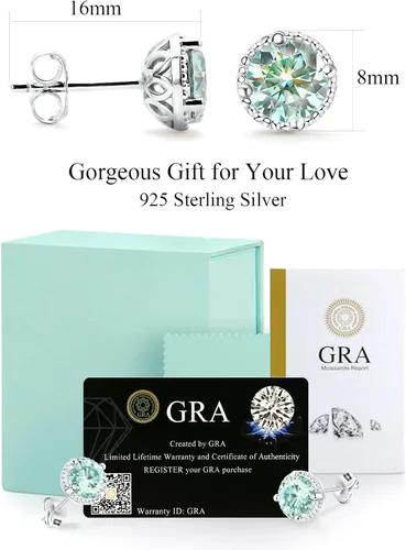 Vista 6 de 2CT Round Cut Aquamarine Moissanite Earrings 18 K White Gold Plated S925 Sterling Silver Earrings Blue Moissanite Hypoallergenic Earrings For Women