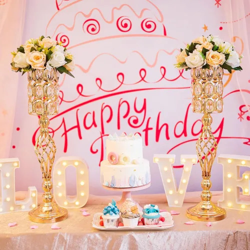 Vista 3 de Jarrón de metal dorado, 10 jarrones de trompeta altos para centros de mesa con cuentas de cristal, jarrón de boda para mesas, decoración del hogar