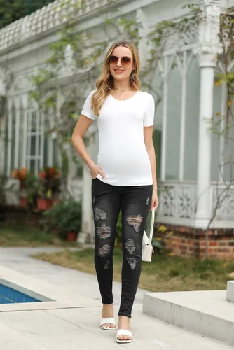 Vista 2 de Maacie Jeans de maternidad sobre el vientre, pantalones de mezclilla rasgados ajustados con bolsillos reales