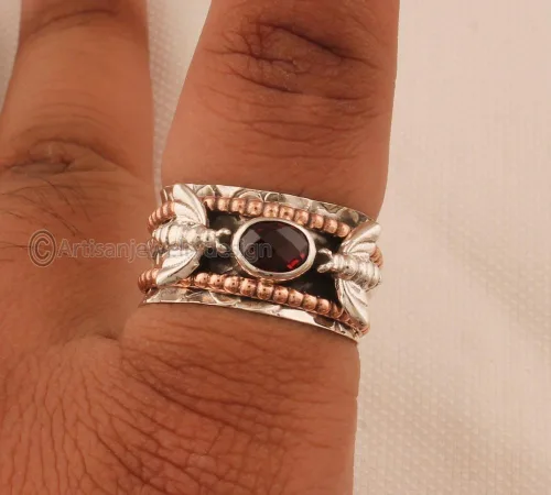 Vista 3 de 925 Silver Ring, Handmade Ring Women, Spiritual Spinner Ring, Fidget Spinner Ring, Minimalist Ring Silver, Natural Garnet Ring, Bohemian Silver