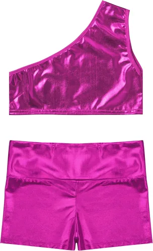 Vista 3 de Loodgao Conjunto deportivo de 2 piezas para niñas y niñas con un hombro descubierto y pantalones cortos para gimnasia