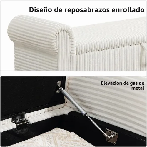 Vista 4 de Banco tapizado de pana de 55 pulgadas con brazos enrollados para dormitorio, color blanco