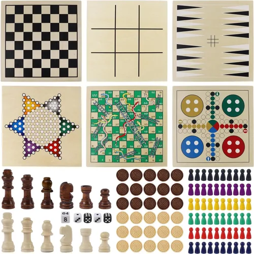 Vista 8 de Juegoal Juego de mesa de madera 7 en 1 para niños y adultos, juego de mesa clásico de viaje portátil