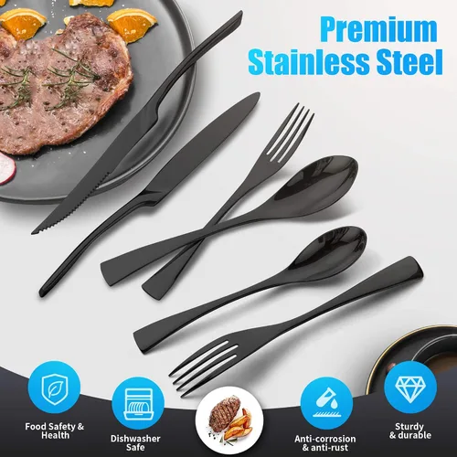 Vista 2 de Lemeya Juego de cubiertos negros de 24 piezas con cuchillos para carne, juego de cubiertos de acero inoxidable 18/10 forjado para 4, juego