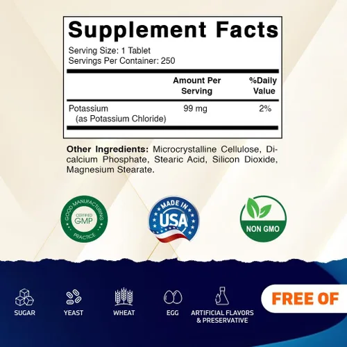 Vista 2 de Vitamatic Potasio 99mg – 250 Tabletas – Cloruro de Potasio para la Función Muscular, del Corazón y de los Nervios – Apoyo de Electrolitos – Sin OMG