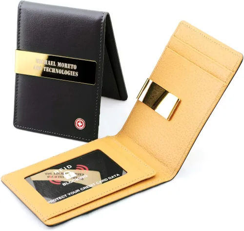 Vista 3 de SOTANIA - Clips personalizados de cuero genuino de 24 quilates para hombre carteras delgadas con bolsillo frontal para tarjetas regalo minimalista