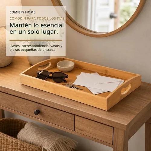 Vista 7 de Comfify Bandejas de bambú para servir, juego de 3 bandejas otomanas para alimentos, entretenimiento y decoración, diseño minimalista