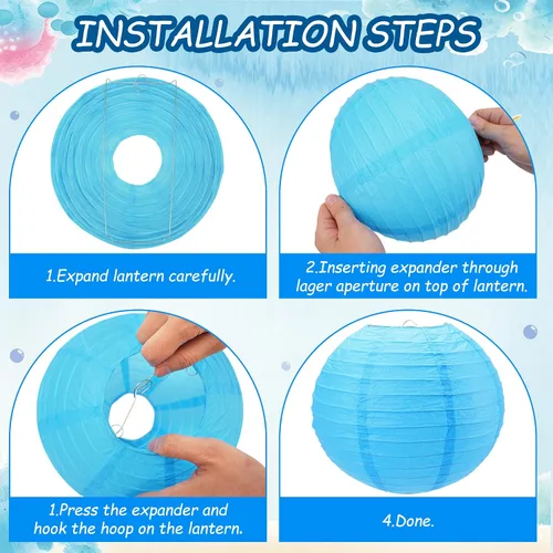 Vista 3 de 12 linternas de papel azules, faroles de papel de 10 pulgadas, decoraciones de fiesta azules para bodas, verano, cumpleaños, hogar, temática