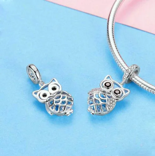 Vista 2 de Abalorios de la suerte de animales para pulseras de plata de ley 925, abalorios de cumpleaños de Navidad para pulseras (dijes de búho), Plata