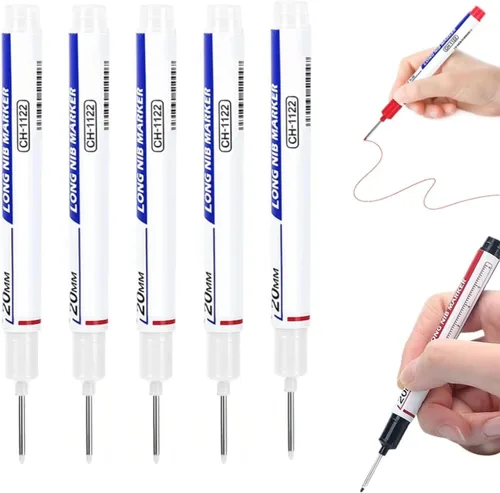 Vista 10 de 5 Pack Long Head Deep Hole Marker Pens, 2026 New 20mm Deep Reach Waterproof Construction Marking Tool, Carpenter Ink Marker Pens Metal Marking Pen