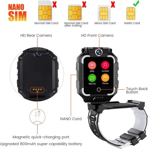 Vista 9 de Reloj 4G para niños, teléfono T10, divertido reloj inteligente con pantalla de rotación de 360°, cámara dual para niños y niñas, IP67, impermeable