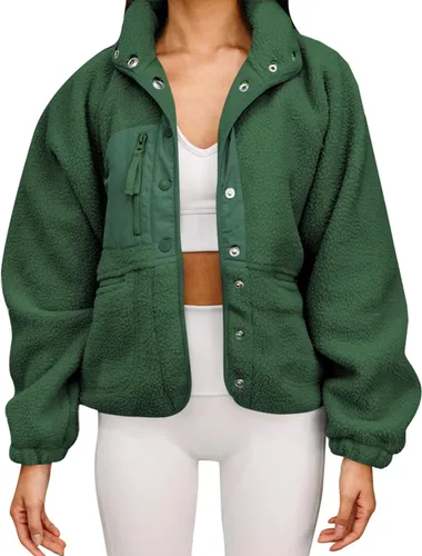Vista 10 de Aoang Abrigos de invierno para mujer, casual, con solapa, manga larga Verde militar